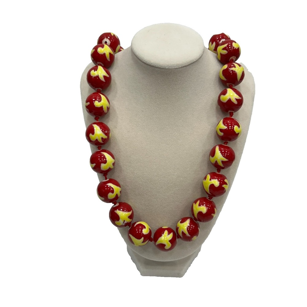 Red Yellow Bold Chunky Lampwork Glass Statement Necklace Artisan Made Heavy 24"